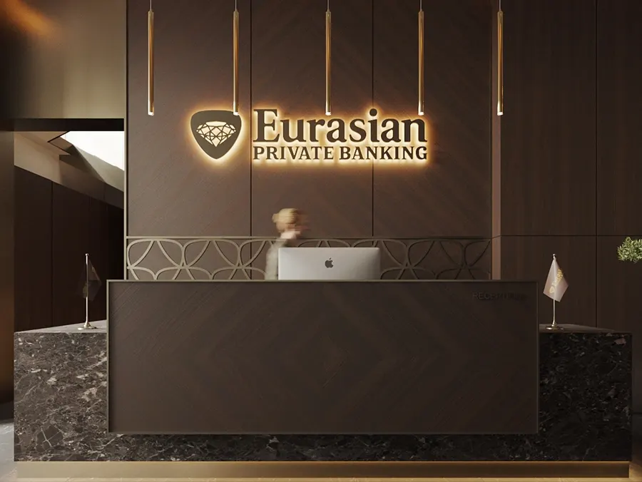 eurasian bank, стойка ресепшн из тёмного дерева и мрамора