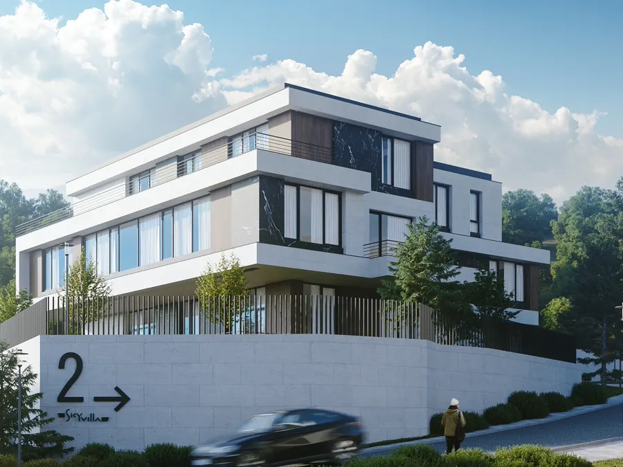 sky villa, белая вилла с террасами на склоне в Алматы