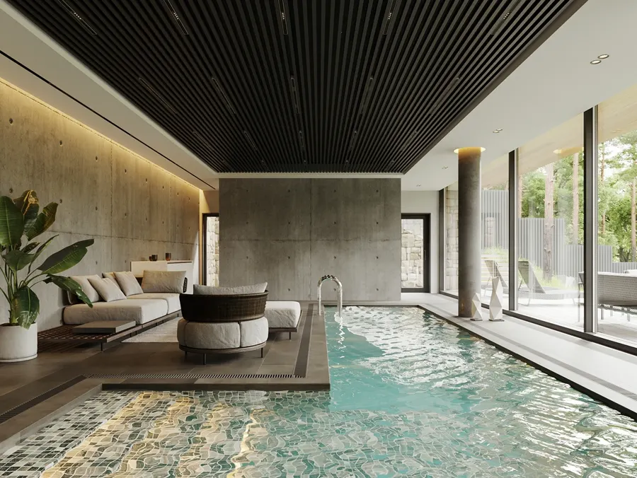 интерьер spa, бассейн у панорамного окна с видом на лес