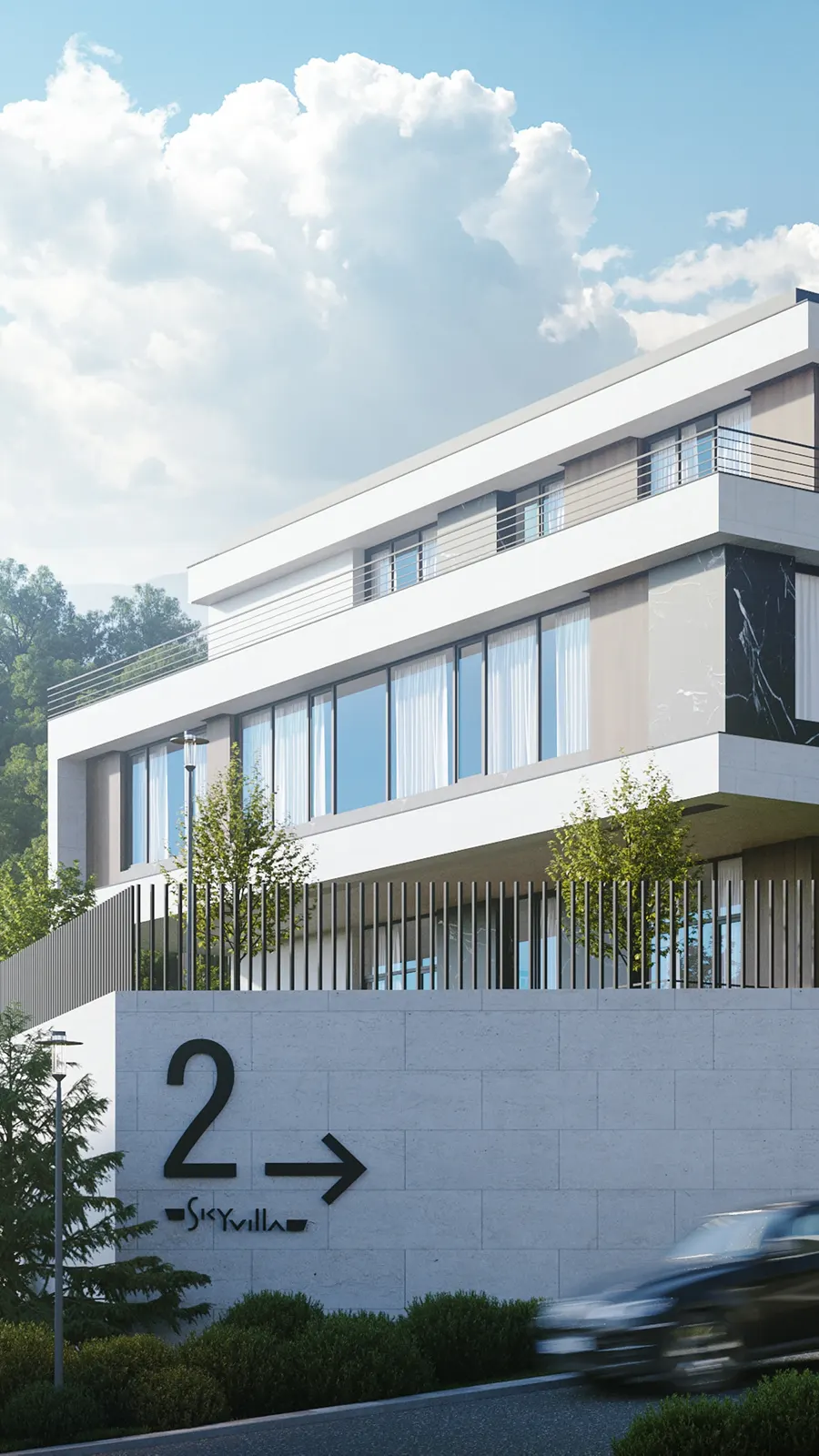 sky villa, белые террасы виллы на фоне облаков